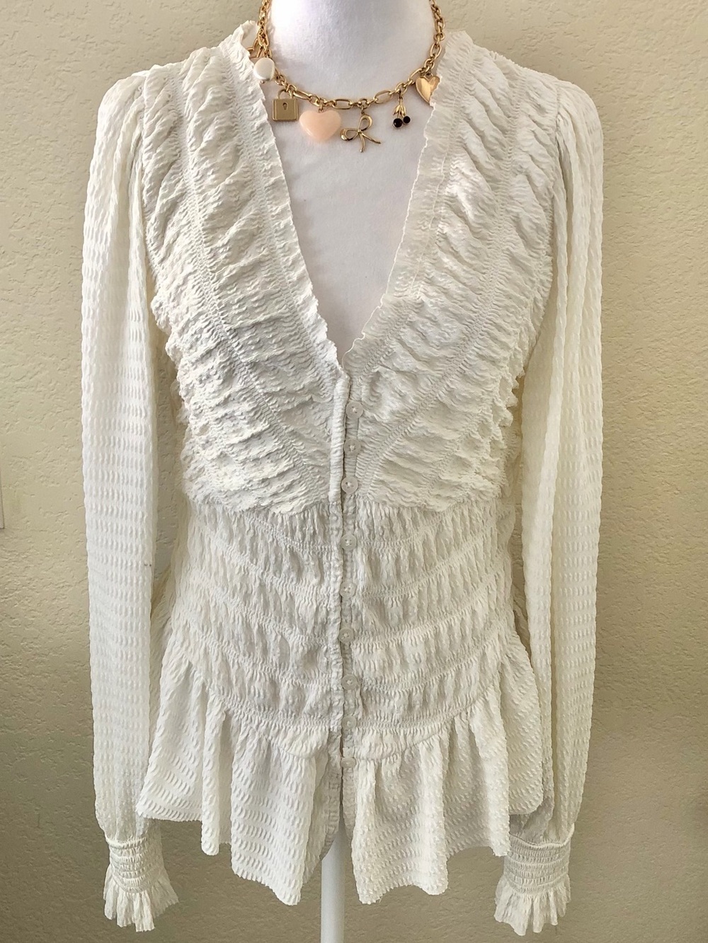 Anthropologie Textured White Button-Front Peplum Blouse